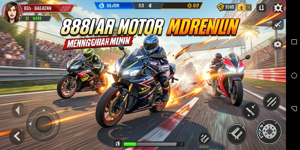 Screenshot utama 888IDR menampilkan balapan motor yang penuh aksi.