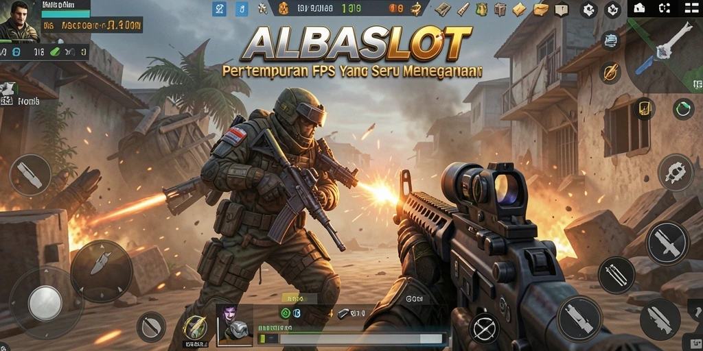 Screenshot menampilkan aksi seru dalam pertempuran FPS di ALBASLOT.