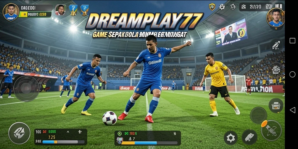 Screenshot dari gameplay DREAMPLAY77 yang menampilkan aksi sepak bola seru.