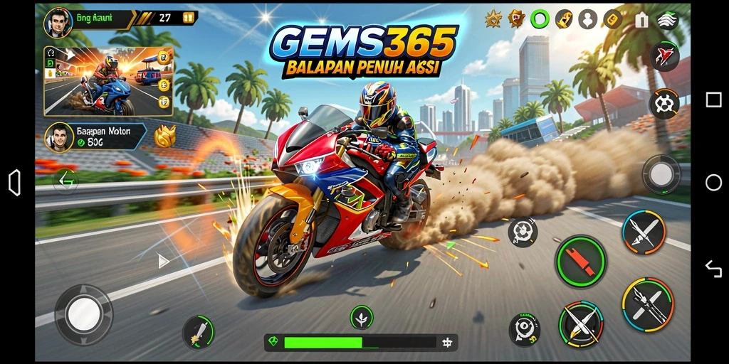 Tampilan balapan cepat di GEMS365 dengan motor mengesankan.