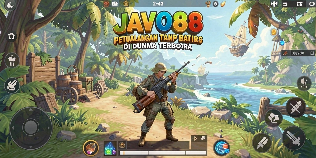 Screenshot gameplay JAVO88 menunjukkan petualangan seru di dunia terbuka.