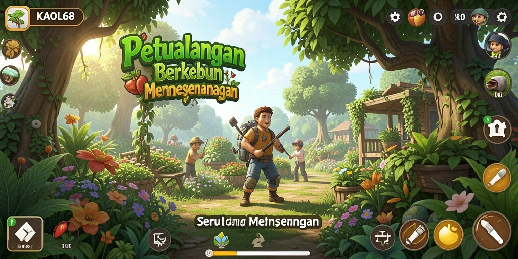 Screenshot KAOL68 menampilkan kebun yang penuh warna dan aktif.