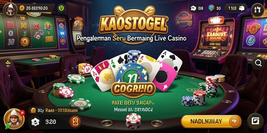 Screenshot KAOSTOGEL menunjukkan dealer langsung dan permainan yang mendebarkan.