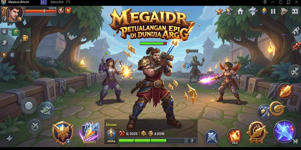 Screenshot utama MEGAIDR menampilkan pertarungan seru di dunia fantasi.