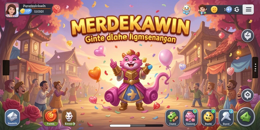Screenshot gameplay <strong>MERDEKAWIN</strong> menampilkan suasana pernikahan yang ceria dan penuh warna.
