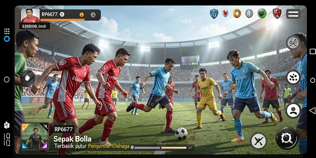 Tampilan gameplay seru dalam RP6677 dengan aksi sepak bola nyata.