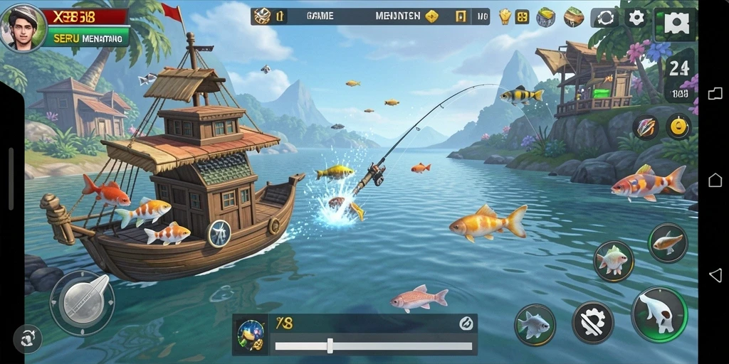 Tampilan gameplay X88 yang seru dengan berbagai ikan untuk ditangkap.